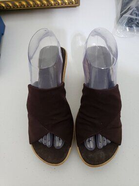Sahara brown, cork wedge, slip on sandals, size 8